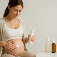 Kobieta w ciąży aplikuje krem na brzuch. Dba o skórę z pomocą kosmetyków z ceramidami, by była elastyczna i nawilżona.
