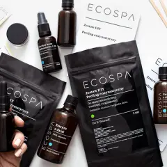 Zestaw DIY z peelingiem enzymatycznym od Ecospa: potrójny kwas hialuronowy, enzym z dyni i akcesoria do domowej pielęgnacji skóry.