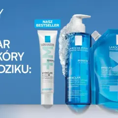 Linia Effaclar od La Roche-Posay: żel, krem i plastry na pryszcze i zaskórniki dla skóry z objawami trądzikowymi.