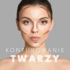 Modelka prezentuje konturowanie twarzy. Ciemniejsze i jaśniejsze smugi podkreślają rysy, przygotowując do makijażu.