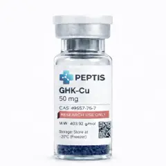 Szklana fiolka z granulkami peptydów miedziowych GHK-Cu, 50 mg. Przeznaczona do badań.