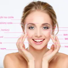 Uśmiechnięta kobieta z zaznaczonymi obszarami twarzy, gdzie można zastosować botox lub kwas hialuronowy na zmarszczki palacza i inne niedoskonałości.