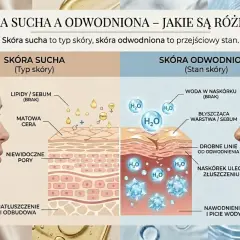 Porównanie skóry suchej i odwodnionej. Skóra odwodniona ma brak wody w naskórku, drobne linie i łuszczący się naskórek.