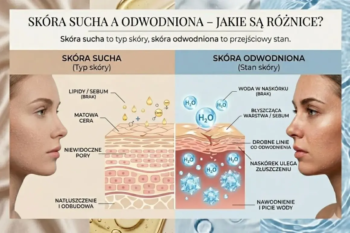 Porównanie skóry suchej i odwodnionej. Skóra odwodniona ma brak wody w naskórku, drobne linie i łuszczący się naskórek.