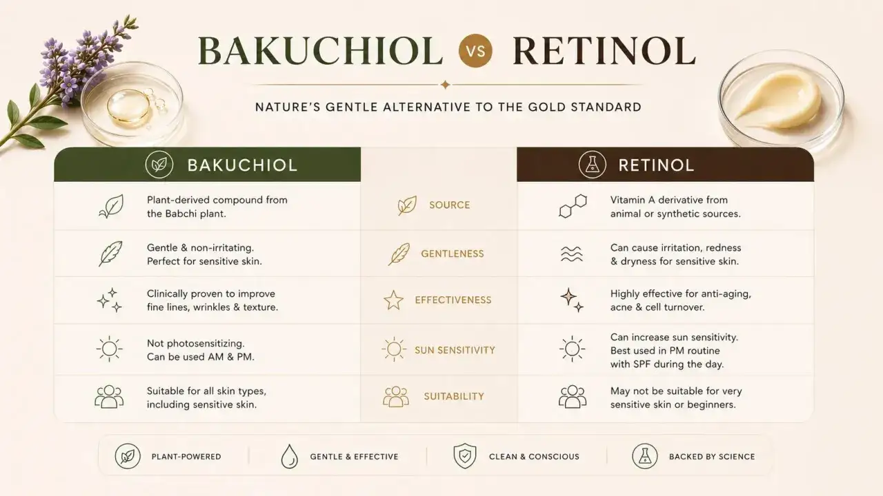 Por&oacute;wnanie bakuchiol vs retinol. Bakuchiol, roślinny składnik, ma łagodne efekty, poprawia drobne linie i jest odpowiedni dla wrażliwej sk&oacute;ry.