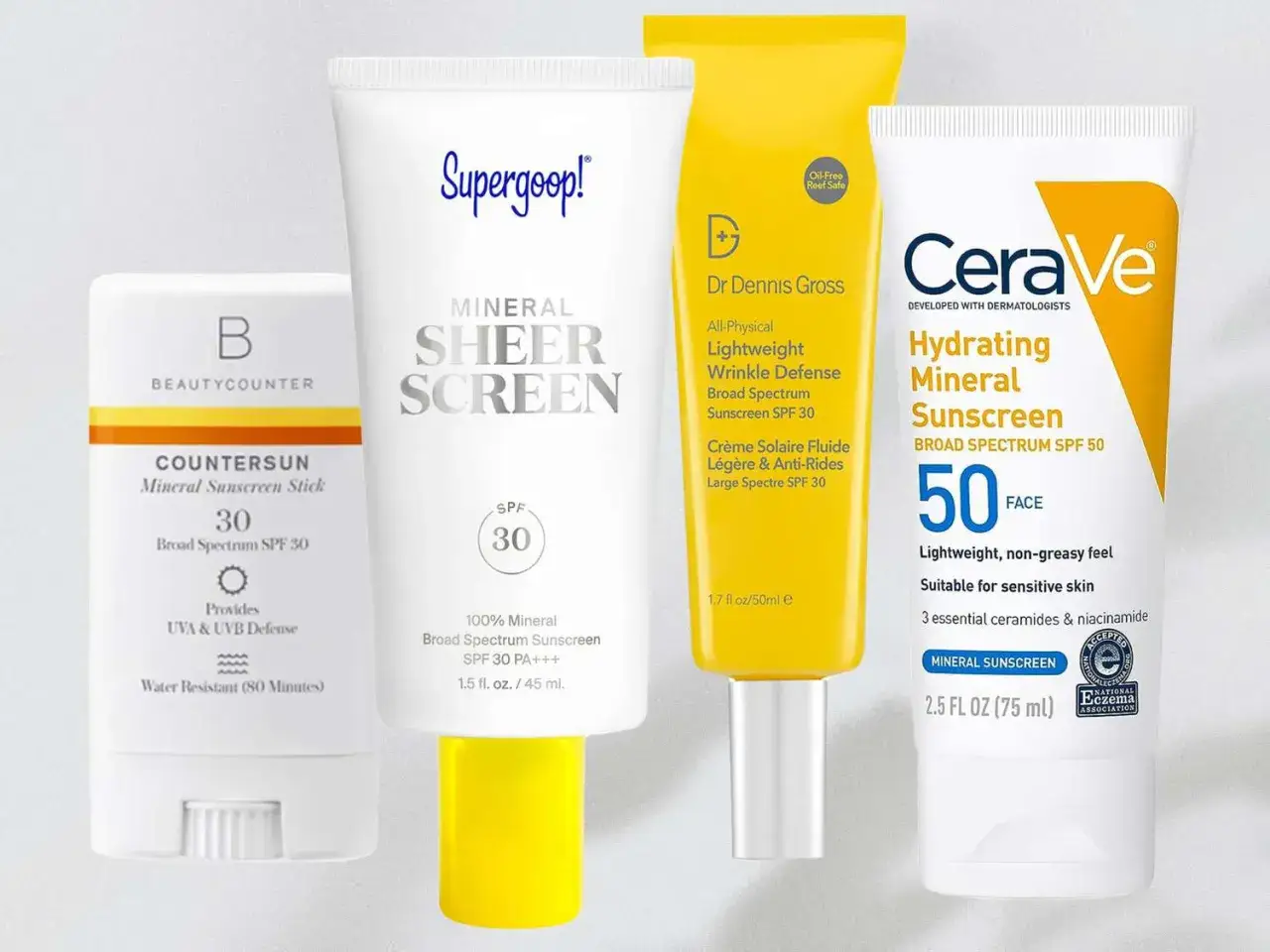 Kremy z filtrem mineralnym: Beautycounter, Supergoop!, Dr Dennis Gross i CeraVe. Ochrona SPF 30 i 50.