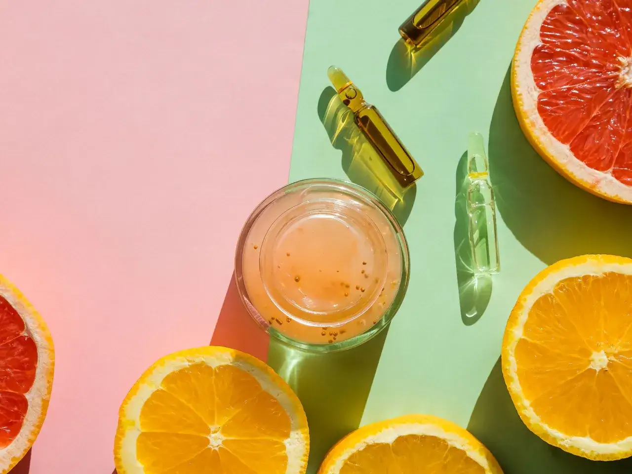 Naturalne antyoksydanty w kosmetyce: ampułki z serum i plastry cytrus&oacute;w na pastelowym tle.